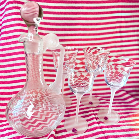 Vintage 1960s Romanian Optic Swirl Decanter & Wine Glass Set Frosted Barware - Picture 11 of 12